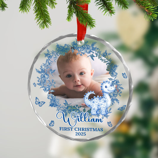 Personalized Baby's First Christmas Ornament - Custom glass ornament with baby's name and year.