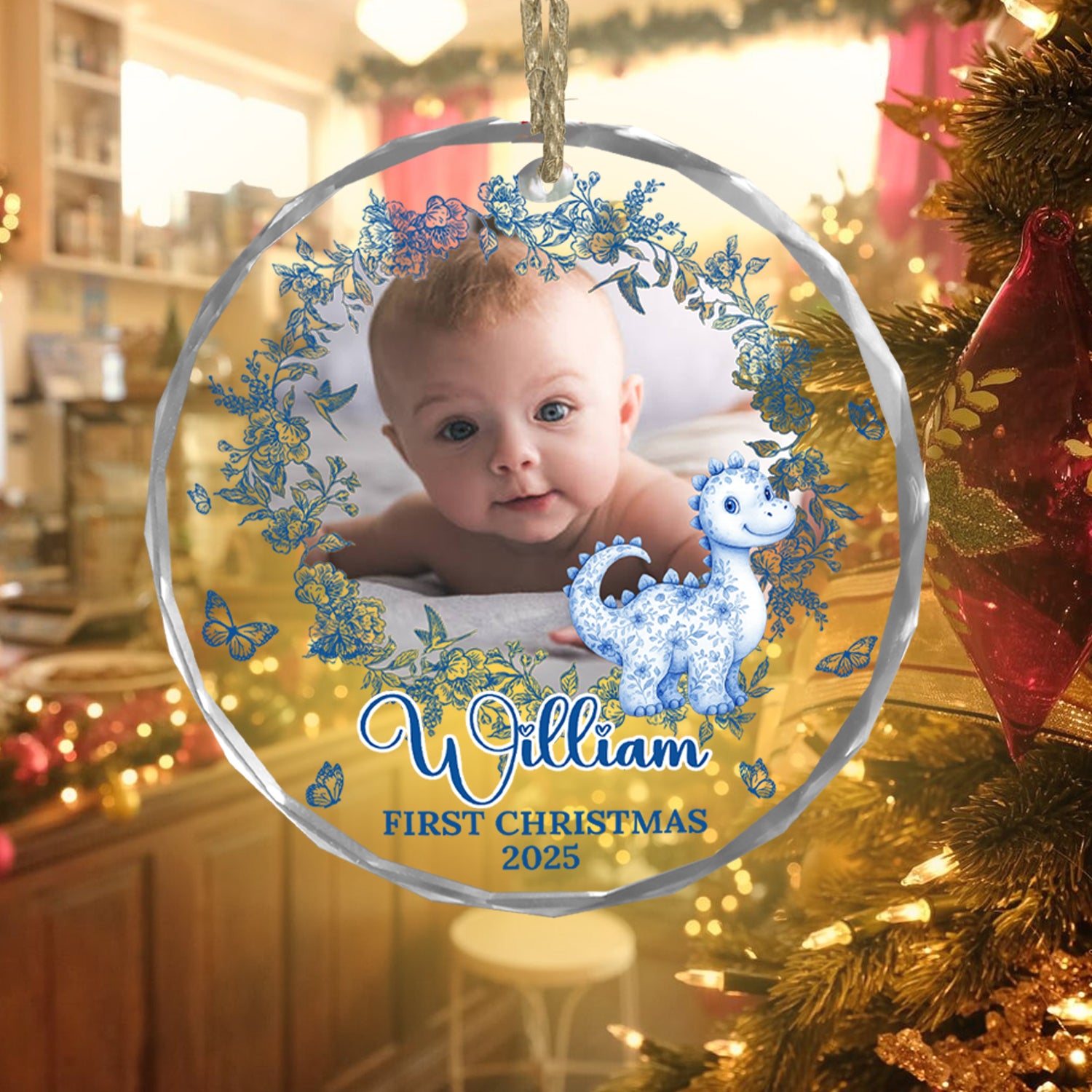 Personalized Baby's First Christmas Ornament - Custom glass ornament with baby's name and year.