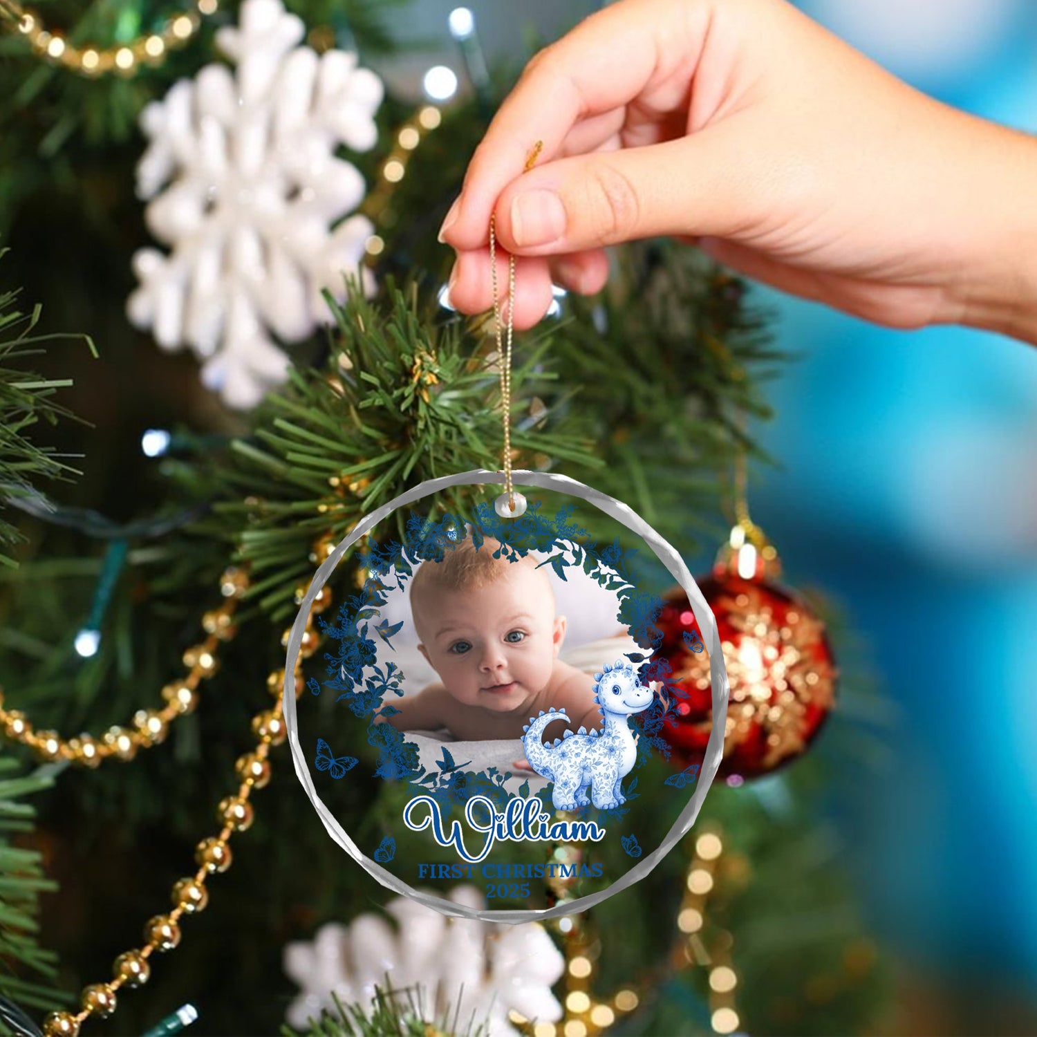 Personalized Baby's First Christmas Ornament - Custom glass ornament with baby's name and year.