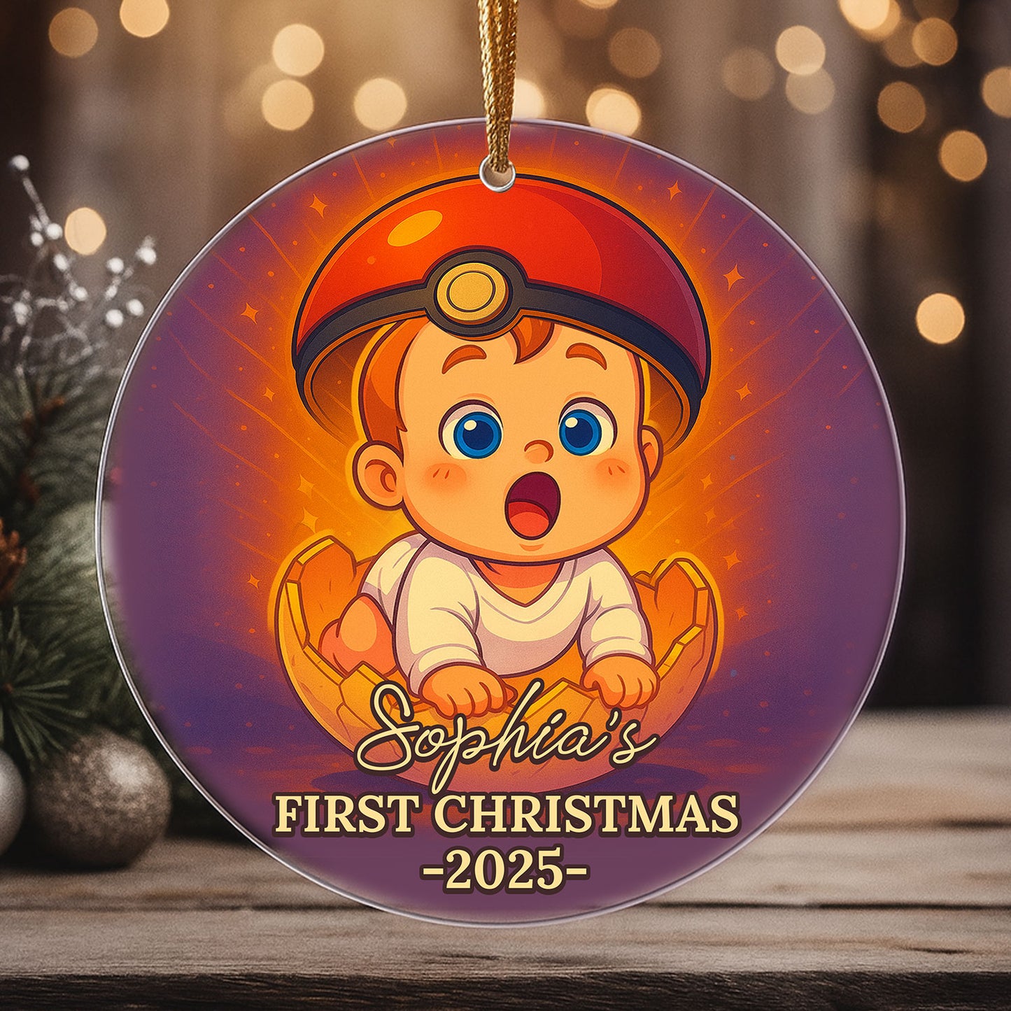 Baby's First Christmas personalized acrylic ornament with custom name and year.