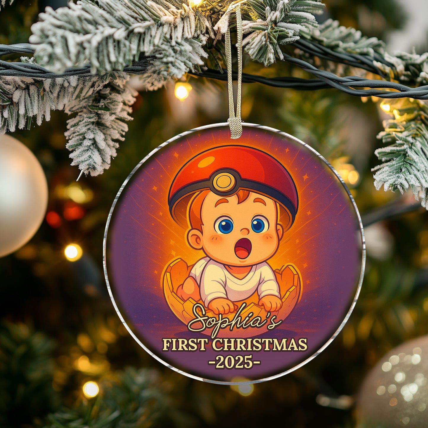 Baby's First Christmas personalized acrylic ornament with custom name and year.