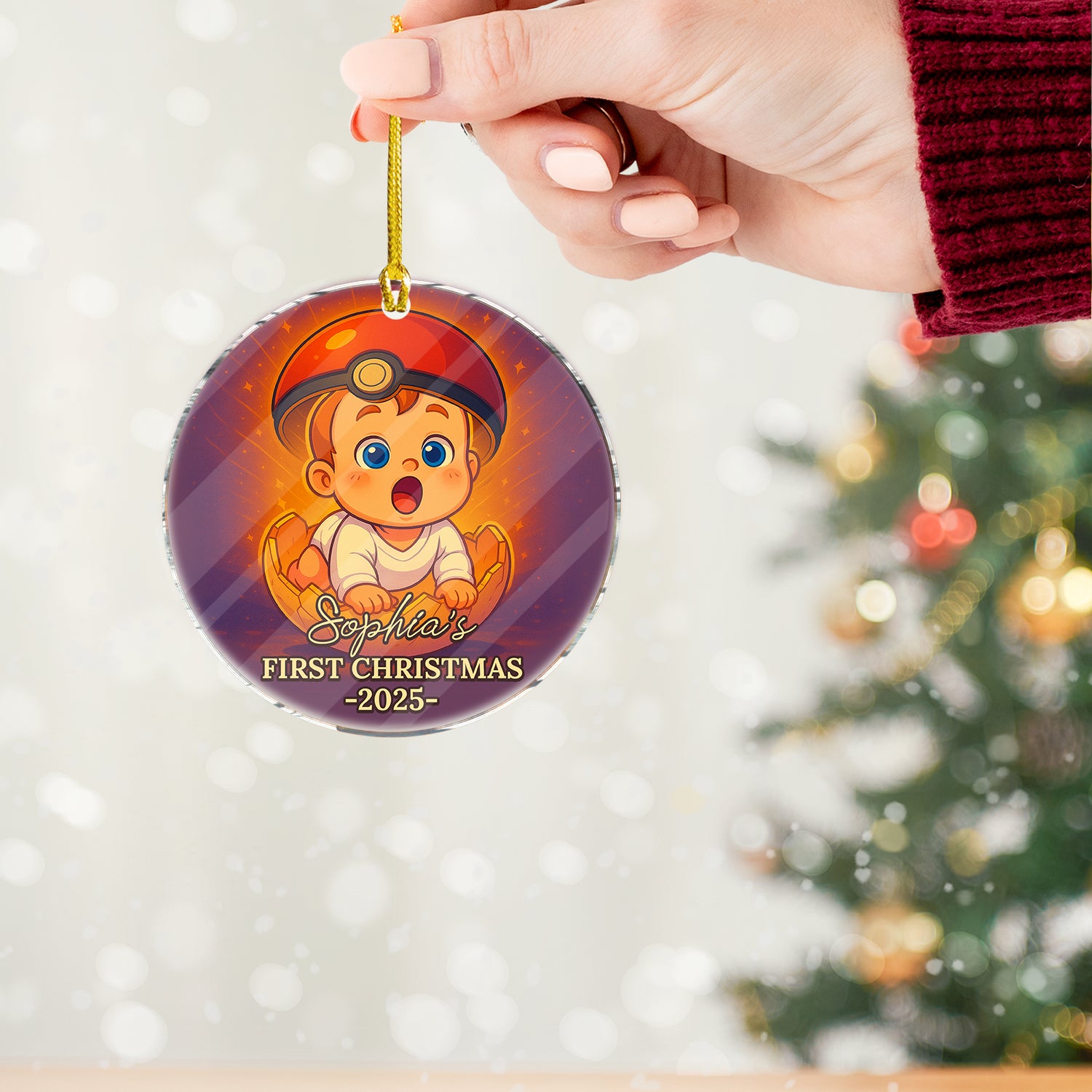 Baby's First Christmas personalized acrylic ornament with custom name and year.