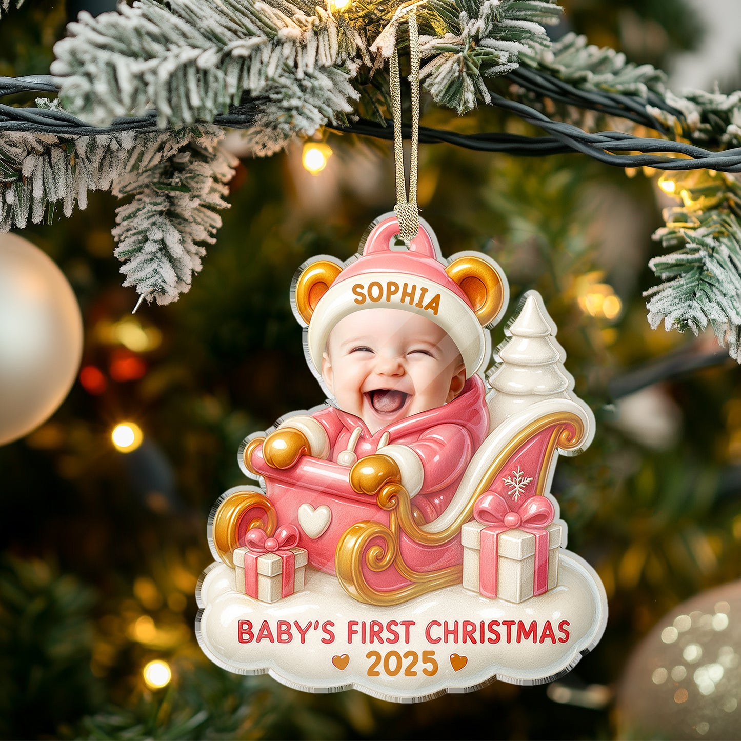 Baby's First Christmas personalized acrylic ornament with custom name and festive holiday design.