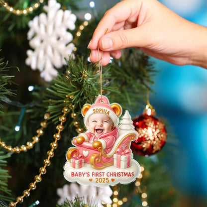 Baby's First Christmas personalized acrylic ornament with custom name and festive holiday design.