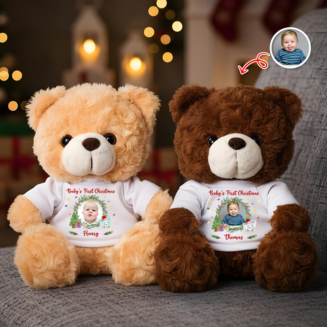 Baby's First Christmas personalized teddy bear plush with custom name and year.