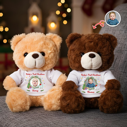 Baby's First Christmas personalized teddy bear plush with custom name and year.
