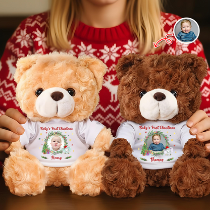 Baby's First Christmas personalized teddy bear plush with custom name and year.