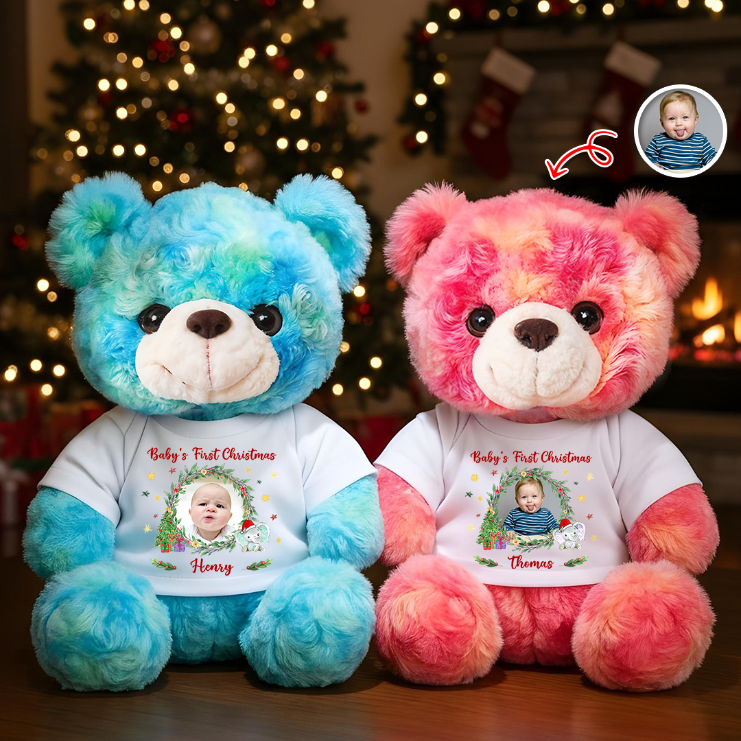 Baby's First Christmas personalized teddy bear plush with custom name and year.