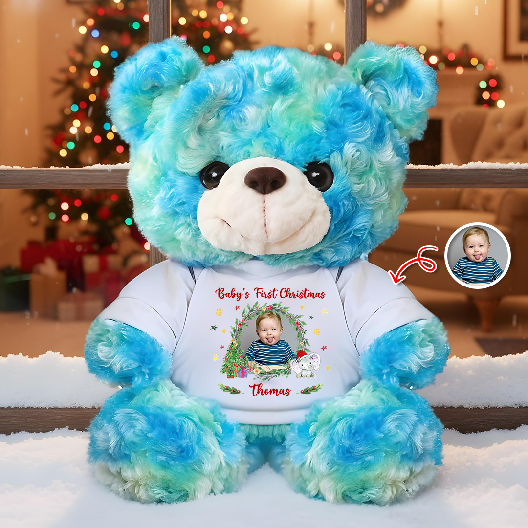 Baby's First Christmas personalized teddy bear plush with custom name and year.