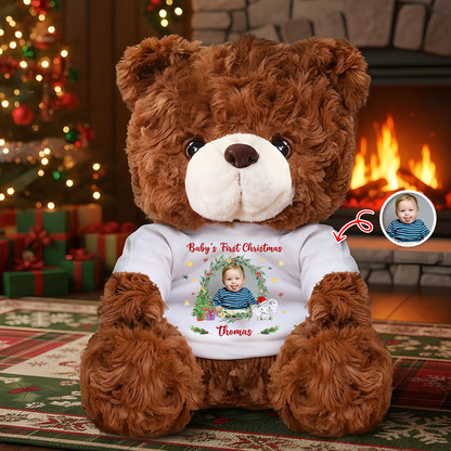 Baby's First Christmas personalized teddy bear plush with custom name and year.