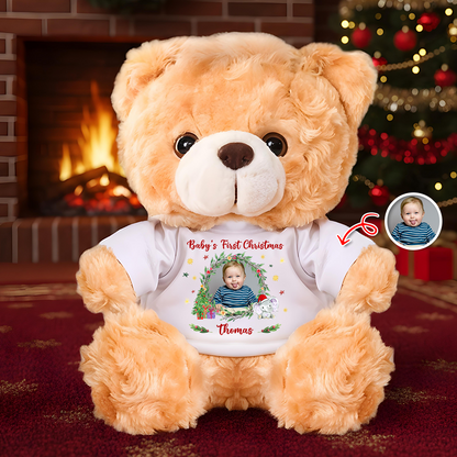 Baby's First Christmas personalized teddy bear plush with custom name and year.