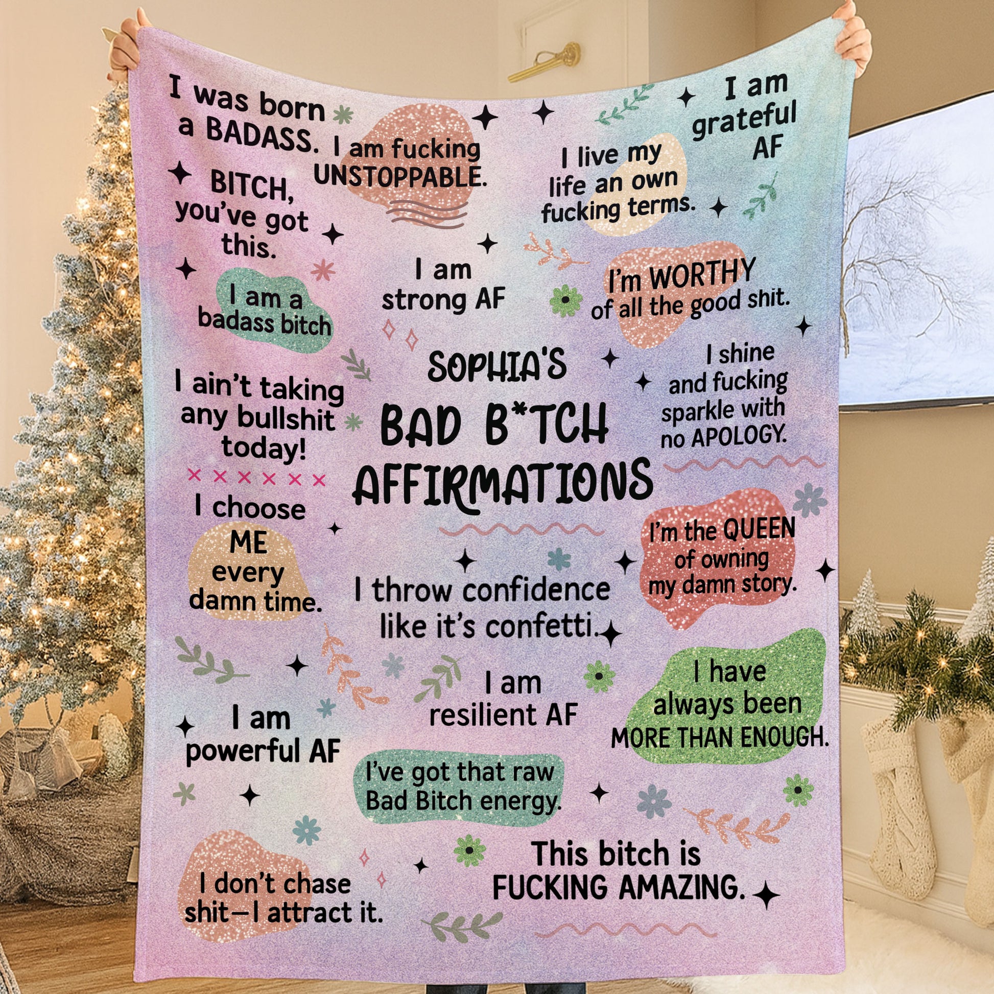 Bad Affirmation Christmas Blanket - funny personalized gift idea.