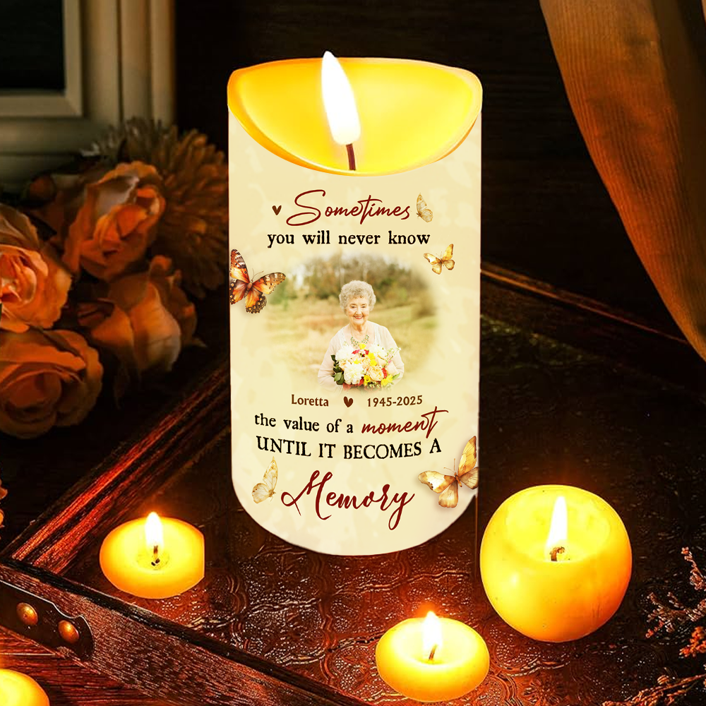 Personalized Photo LED Candle flickering with a custom image, creating a warm memorial keepsake.