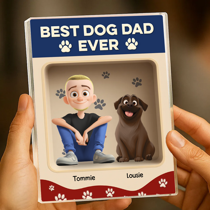 Best Dog Dad Ever custom acrylic block plaque featuring a personalized figure.