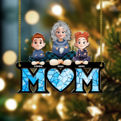 Best Mom Ever personalized suncatcher ornament hanging in a window.