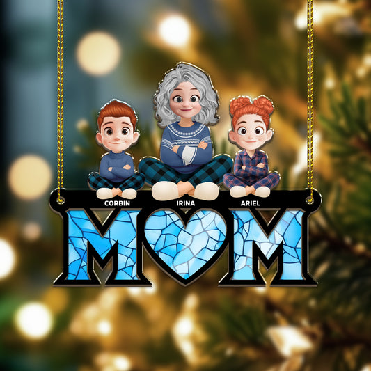 Best Mom Ever personalized suncatcher ornament hanging in a window.