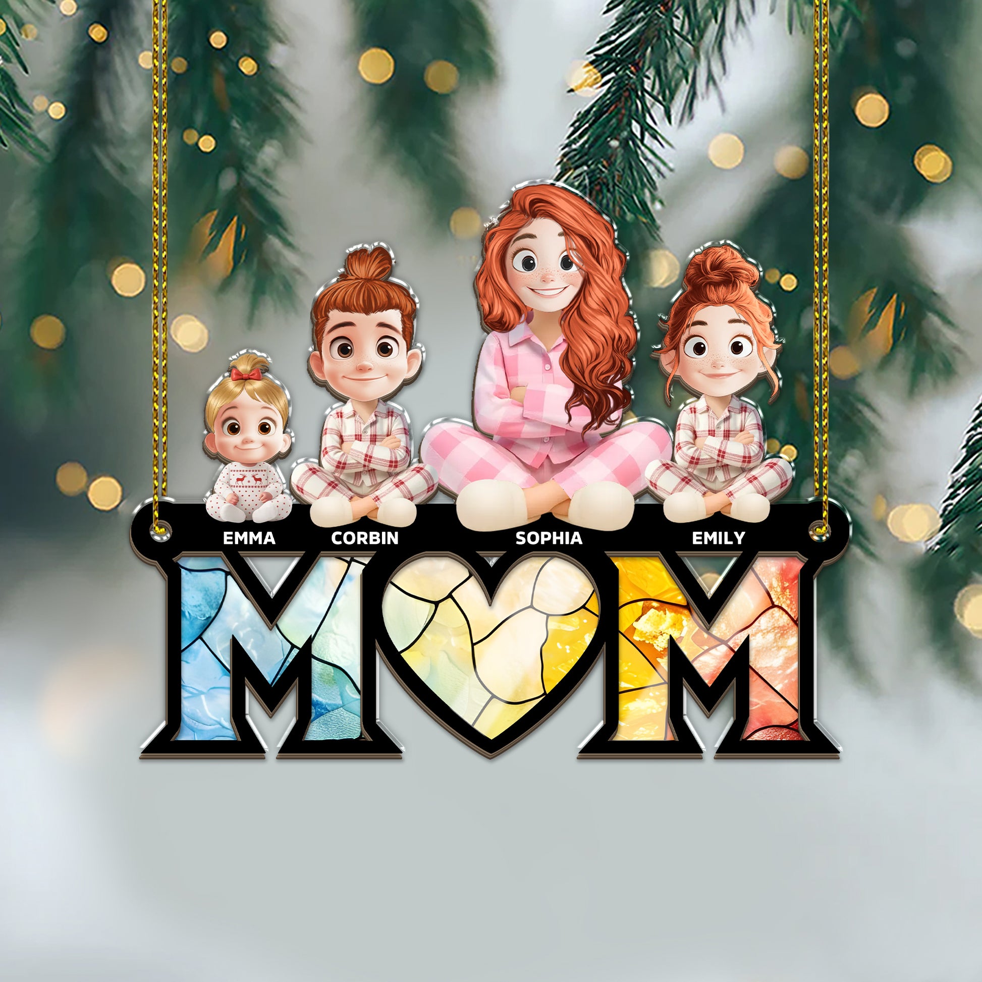 Best Mom Ever personalized suncatcher ornament hanging in a window.