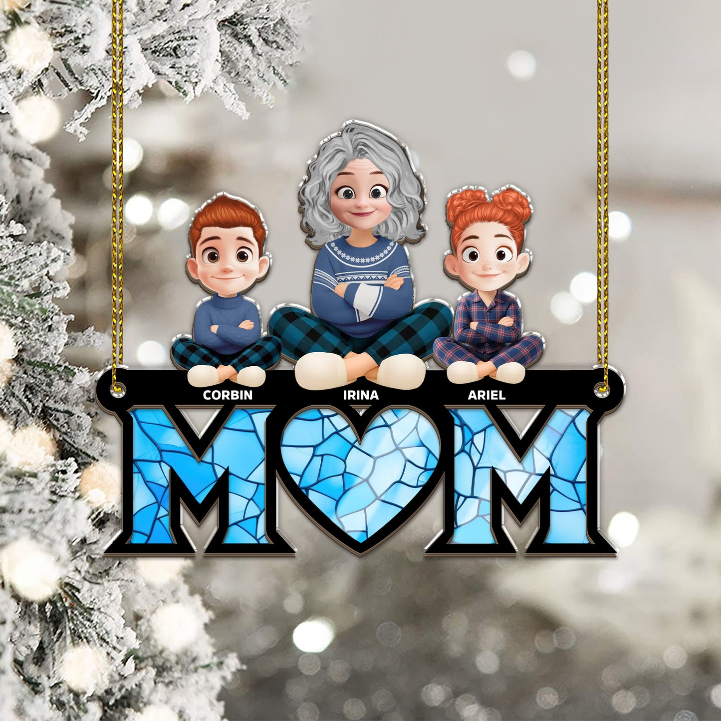 Best Mom Ever personalized suncatcher ornament hanging in a window.