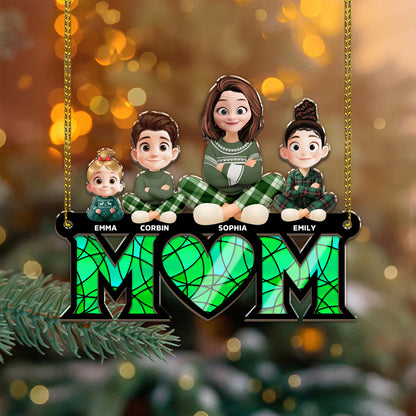 Best Mom Ever personalized suncatcher ornament hanging in a window.