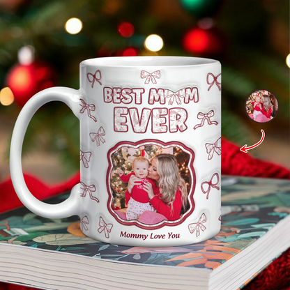 Best Mom Ever 3D coffee mug, personalized with custom text and a unique dimensional effect.