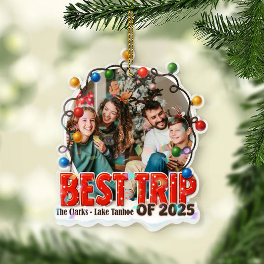 Custom "Best Trip Ever" Hologram Ornament, personalized travel souvenir.