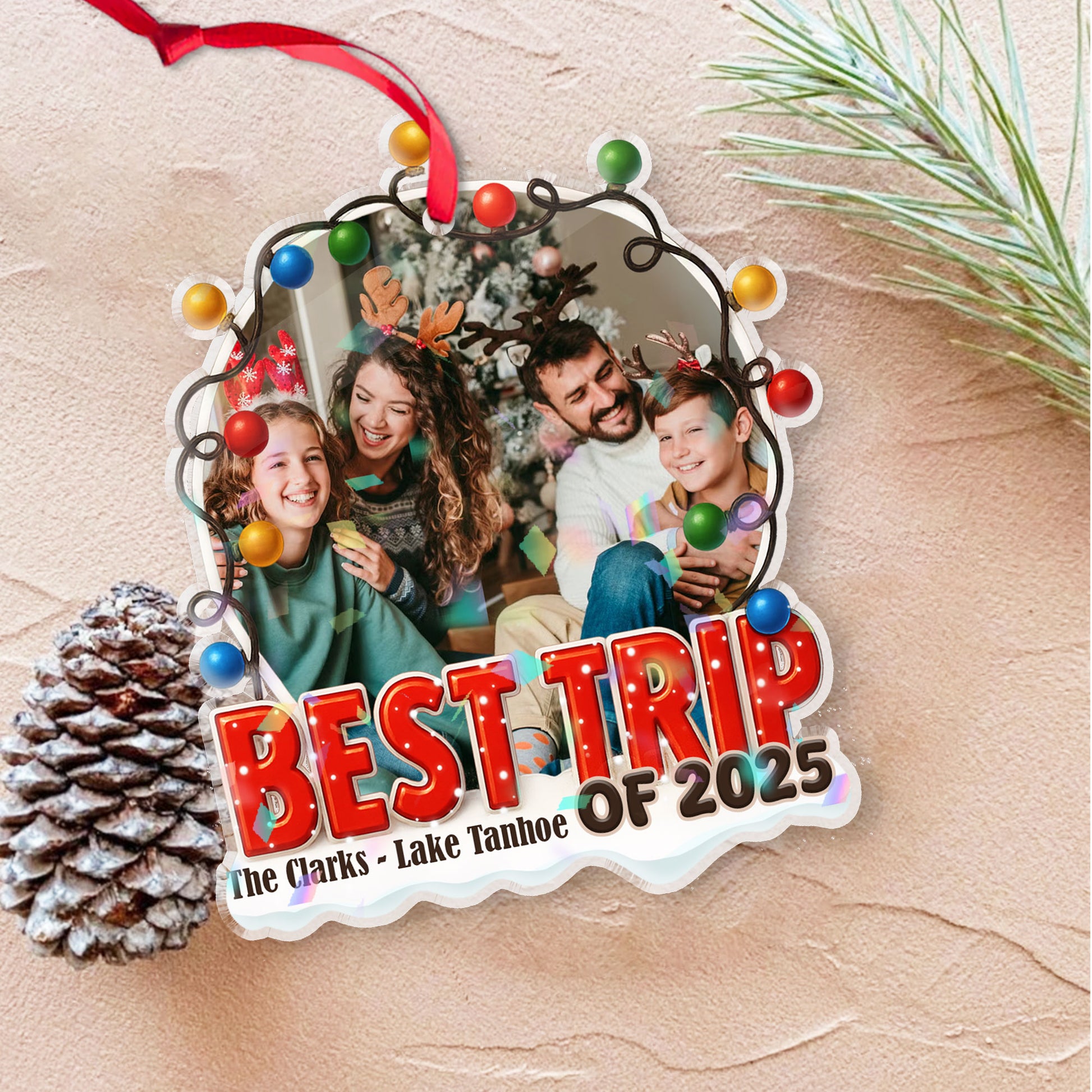 Custom "Best Trip Ever" Hologram Ornament, personalized travel souvenir.