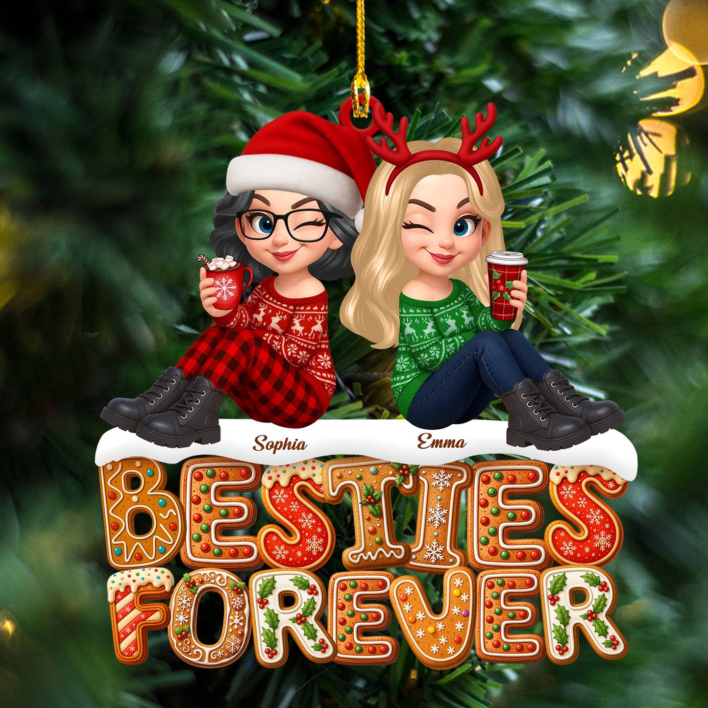 Besties Forever Custom Shaped Wood Christmas Ornament, two-layered and personalized.