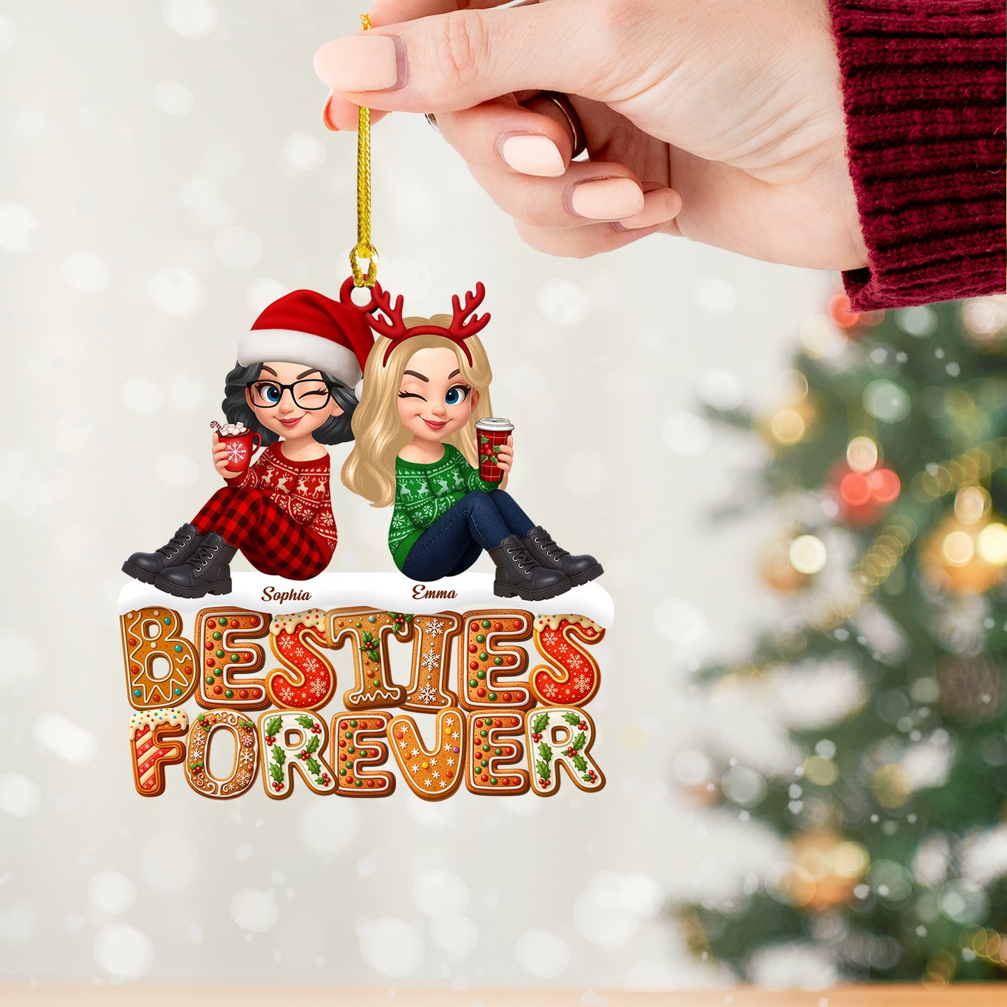 Besties Forever Custom Shaped Wood Christmas Ornament, two-layered and personalized.