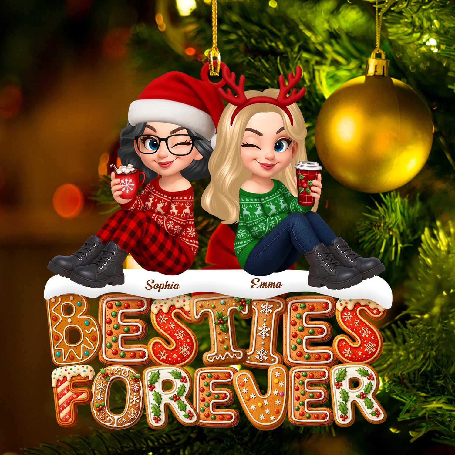 Besties Forever Custom Shaped Wood Christmas Ornament, two-layered and personalized.