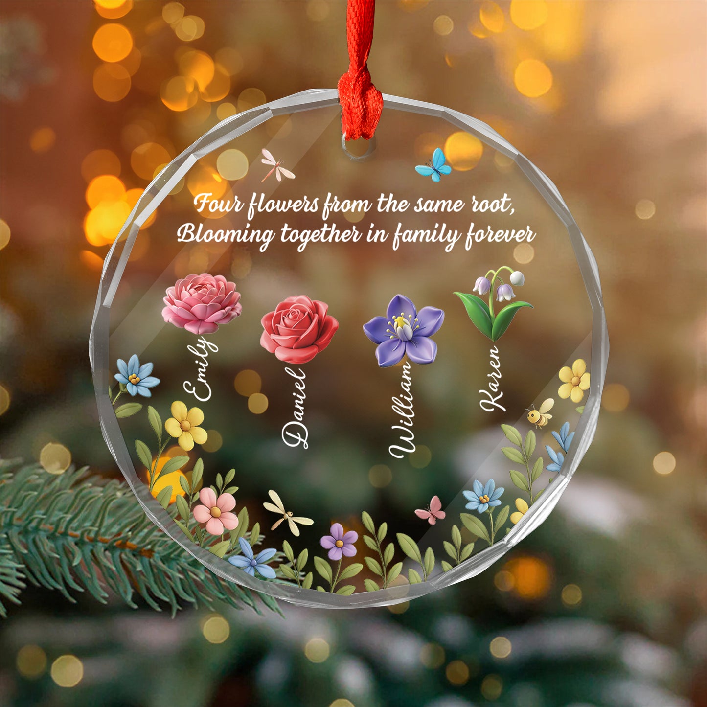 Personalized Blossoms Through Every Season glass ornament: A custom Christmas gift featuring floral designs.