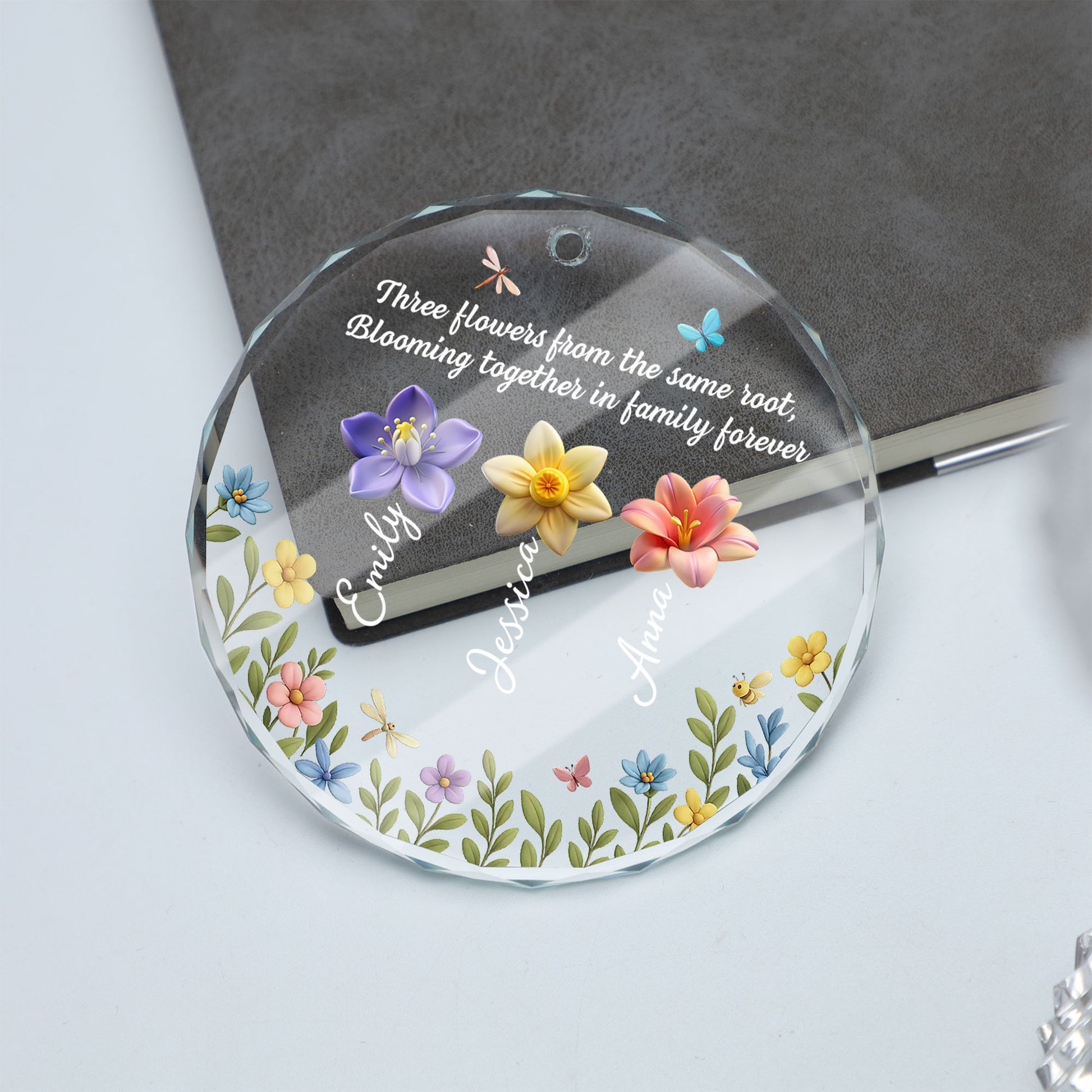 Personalized Blossoms Through Every Season glass ornament: A custom Christmas gift featuring floral designs.