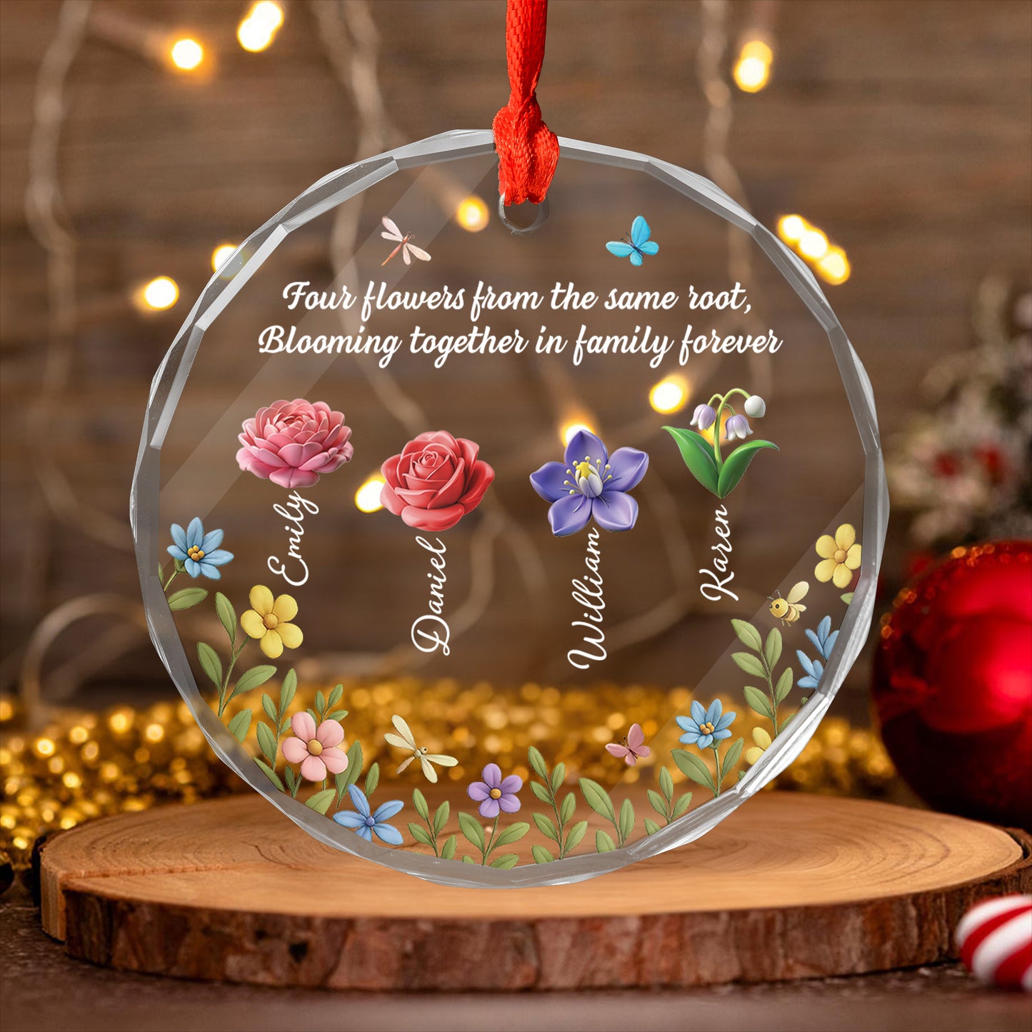 Personalized Blossoms Through Every Season glass ornament: A custom Christmas gift featuring floral designs.