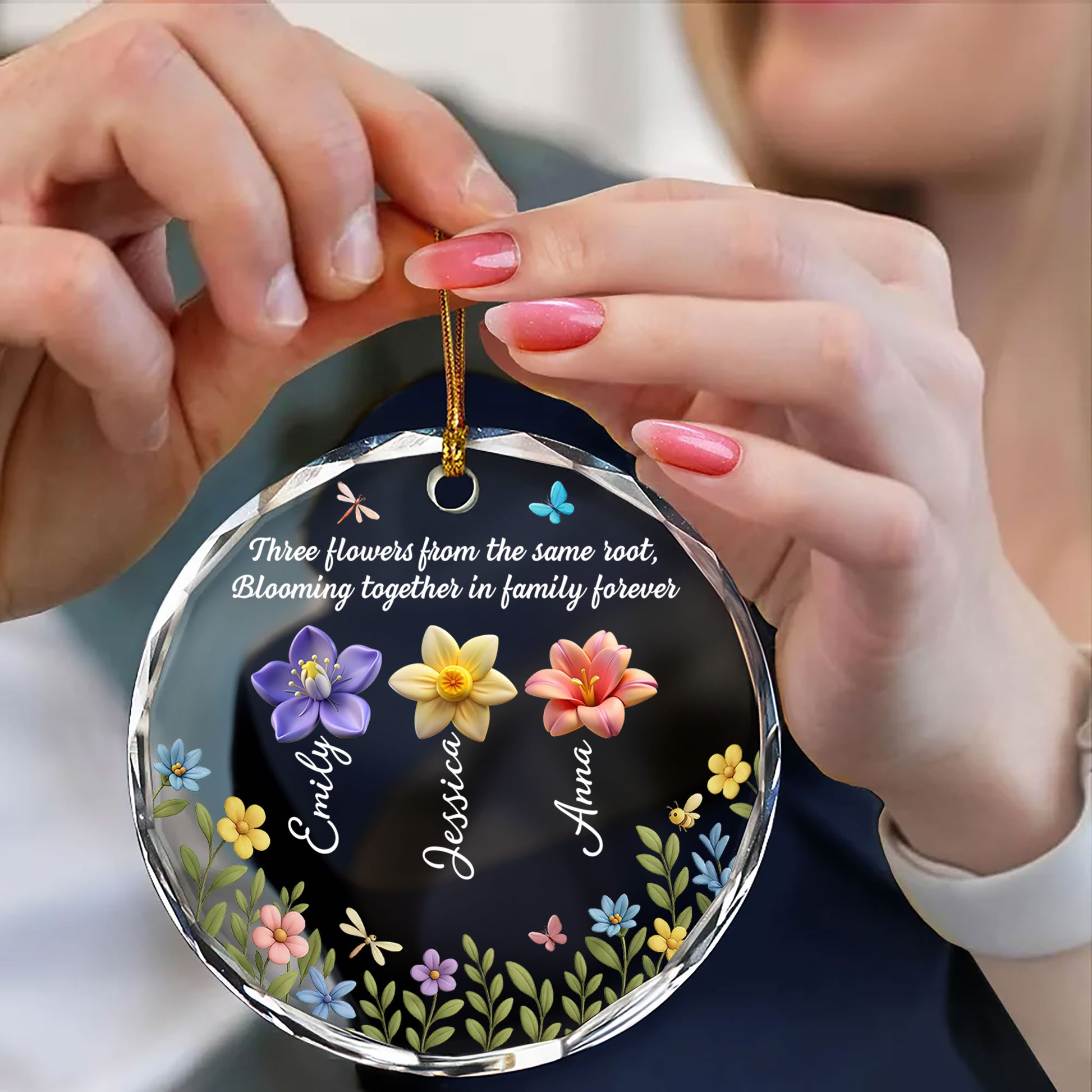 Personalized Blossoms Through Every Season glass ornament: A custom Christmas gift featuring floral designs.