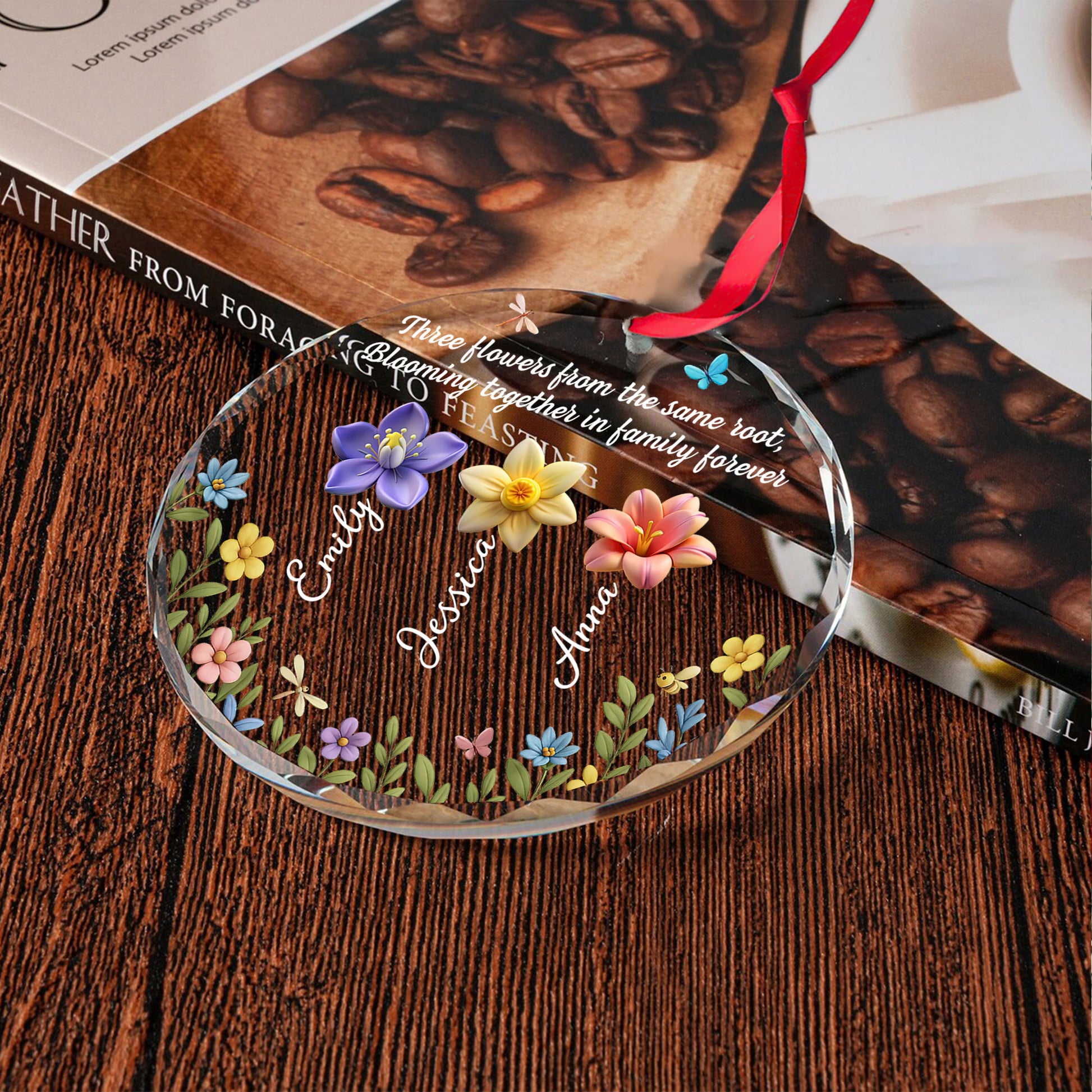 Personalized Blossoms Through Every Season glass ornament: A custom Christmas gift featuring floral designs.