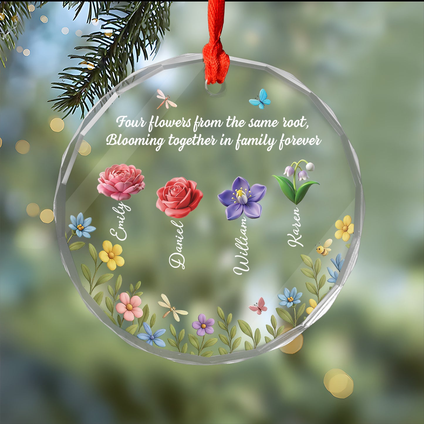 Personalized Blossoms Through Every Season glass ornament: A custom Christmas gift featuring floral designs.