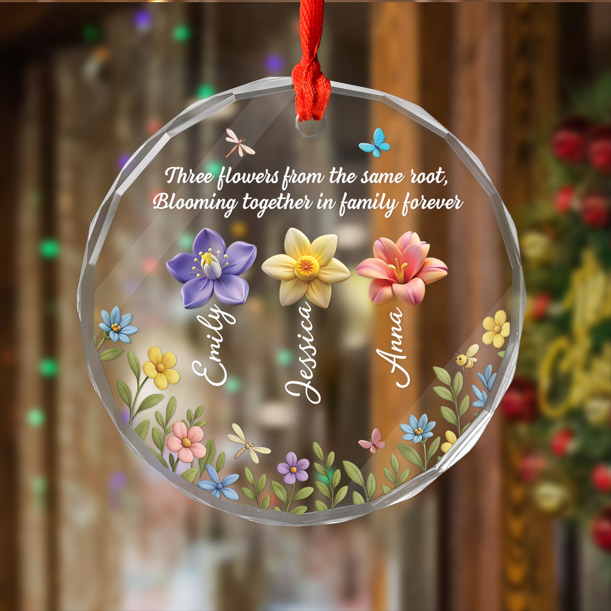 Personalized Blossoms Through Every Season glass ornament: A custom Christmas gift featuring floral designs.