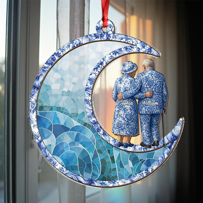 Blue Toile Couple Personalized Suncatcher Ornament for windows, hanging with custom details.