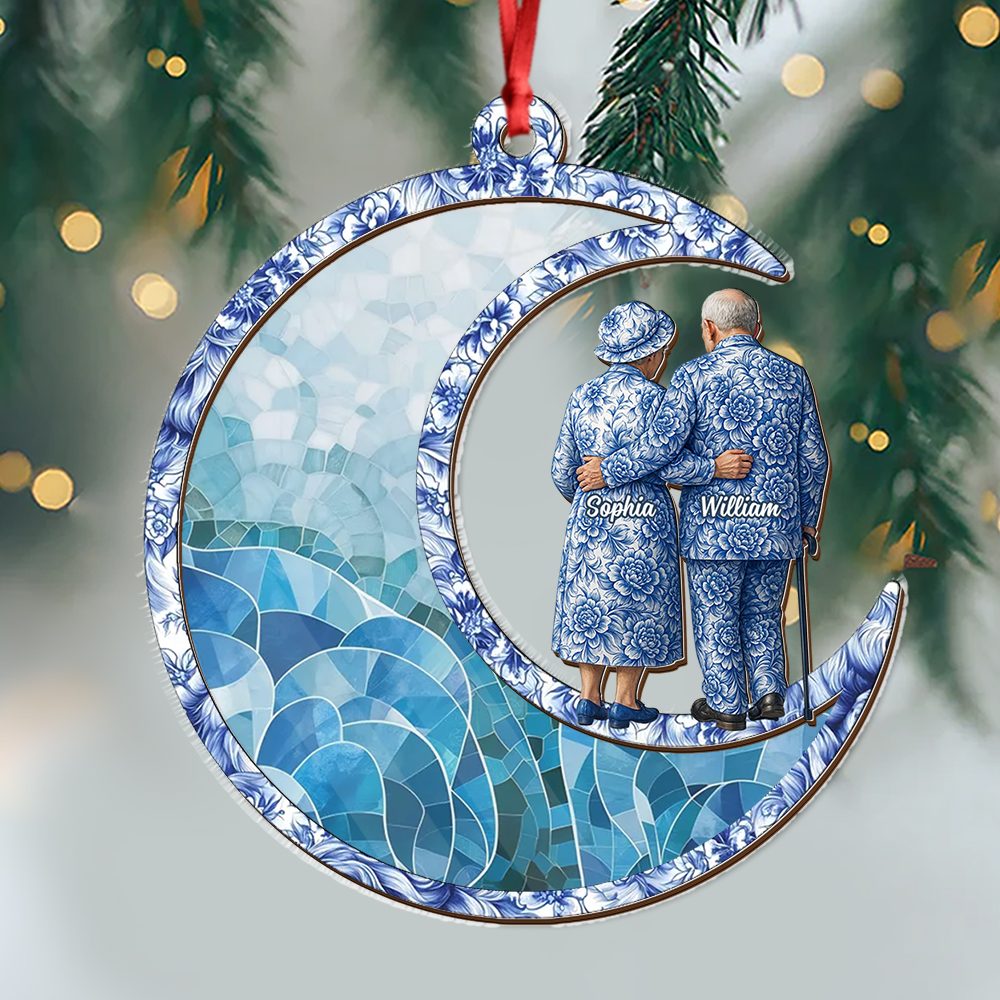 Blue Toile Couple Personalized Suncatcher Ornament for windows, hanging with custom details.