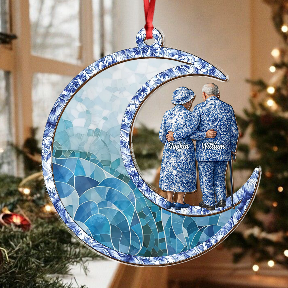 Blue Toile Couple Personalized Suncatcher Ornament for windows, hanging with custom details.