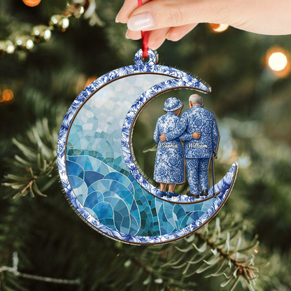 Blue Toile Couple Personalized Suncatcher Ornament for windows, hanging with custom details.