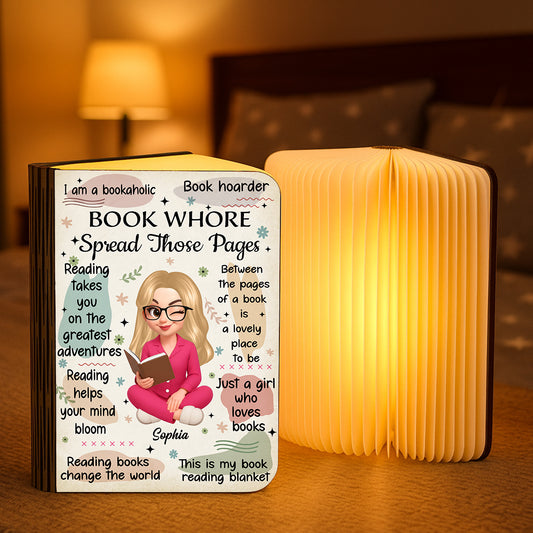 Personalized "Book Whore Spread Those Pages" book lamp for book lovers.