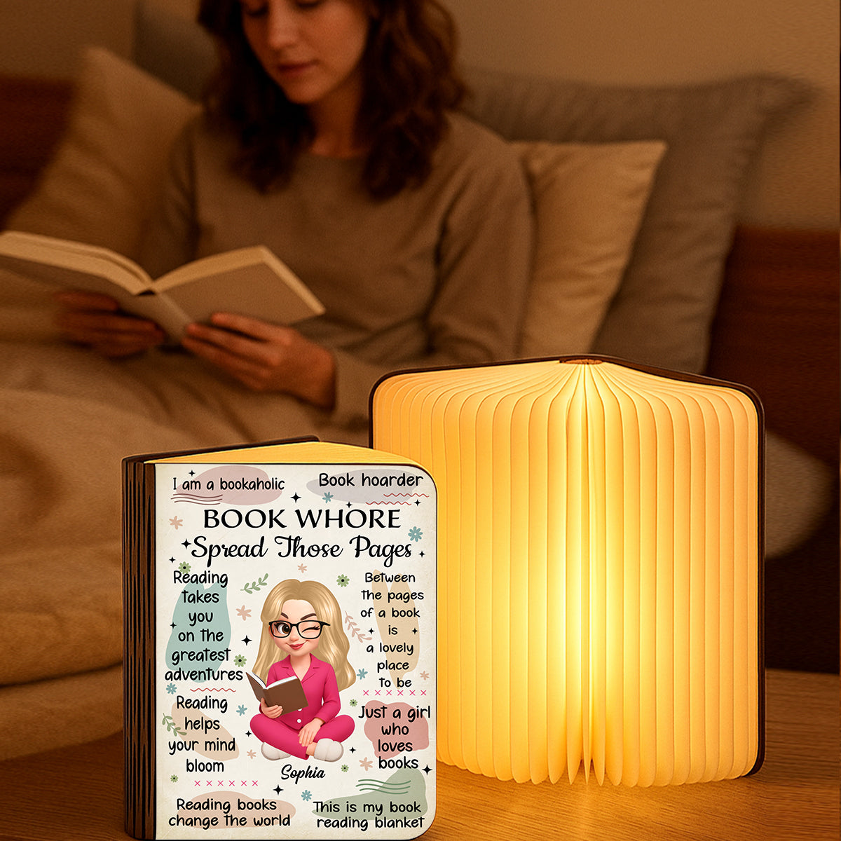 Personalized "Book Whore Spread Those Pages" book lamp for book lovers.