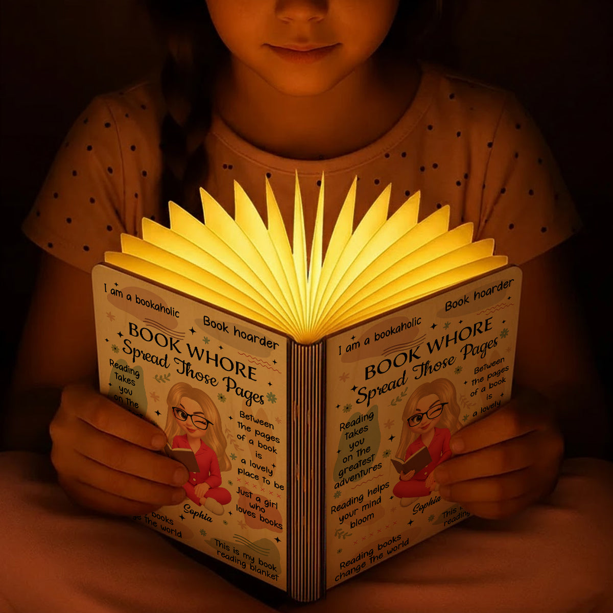 Personalized "Book Whore Spread Those Pages" book lamp for book lovers.