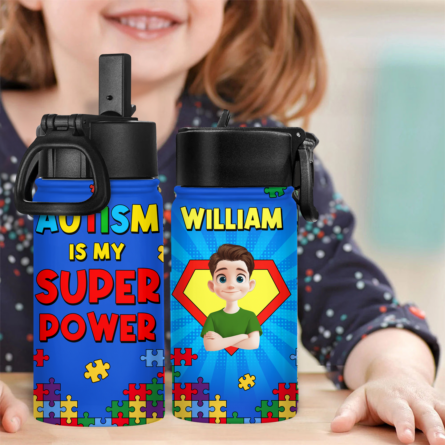 Personalized kids water bottle with straw lid. Stainless steel back-to-school cup with name.