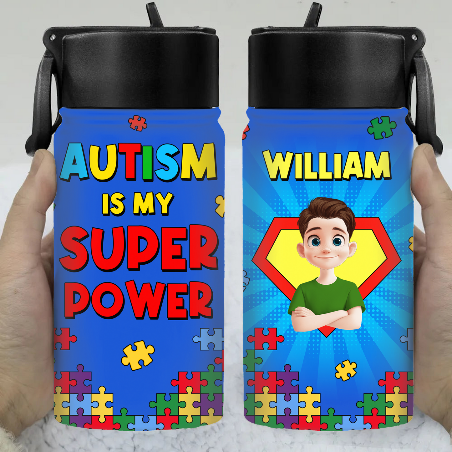 Personalized kids water bottle with straw lid. Stainless steel back-to-school cup with name.