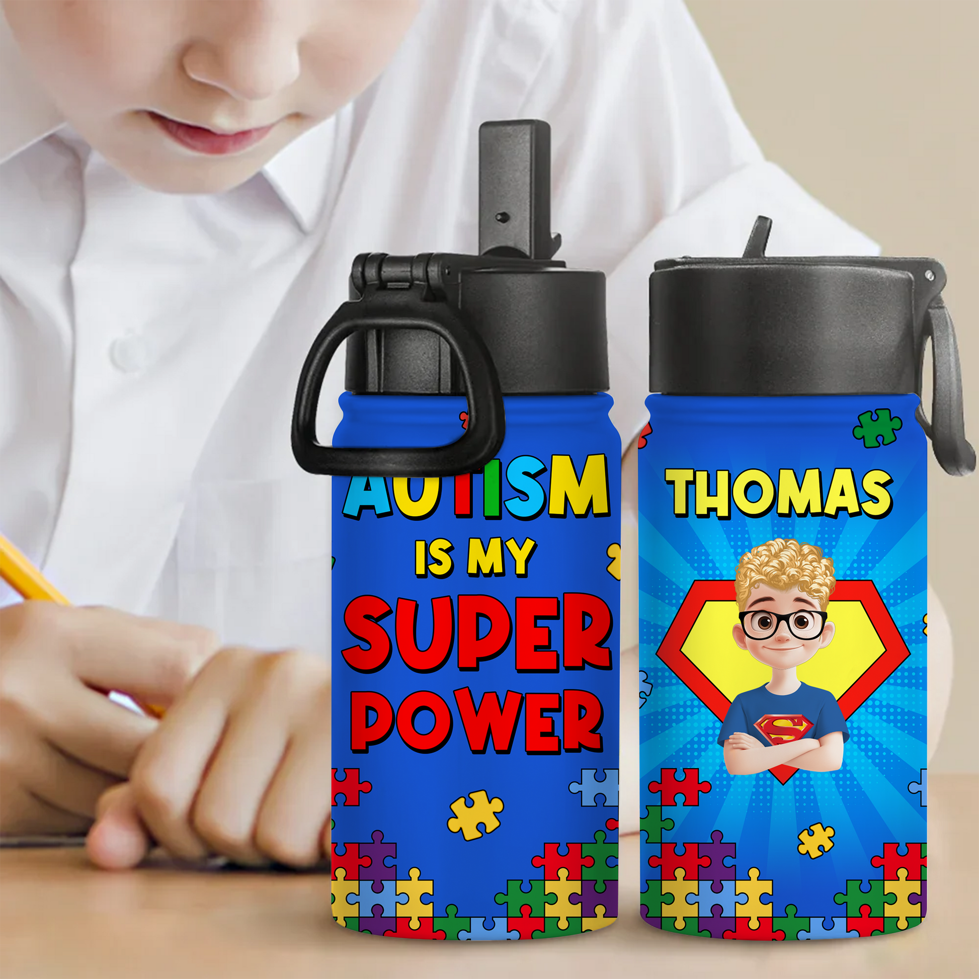 Personalized kids water bottle with straw lid. Stainless steel back-to-school cup with name.