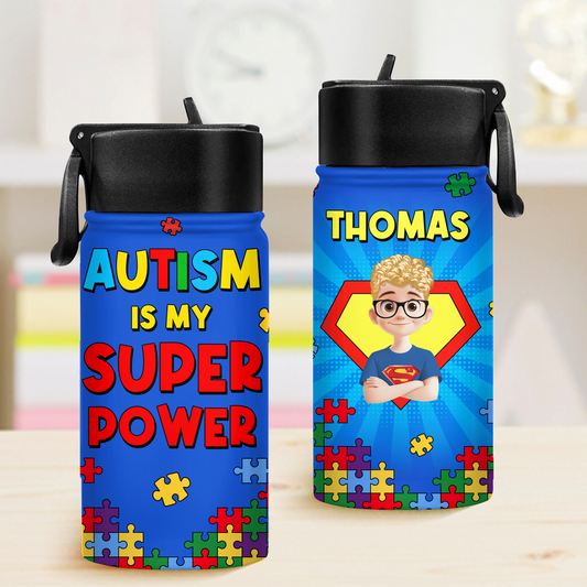 Personalized kids water bottle with straw lid. Stainless steel back-to-school cup with name.