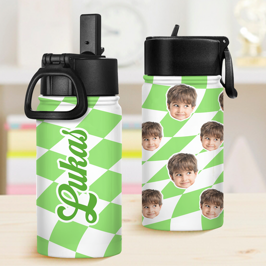 Personalized kids water bottle with straw, featuring a name and drawing, perfect for back to school.