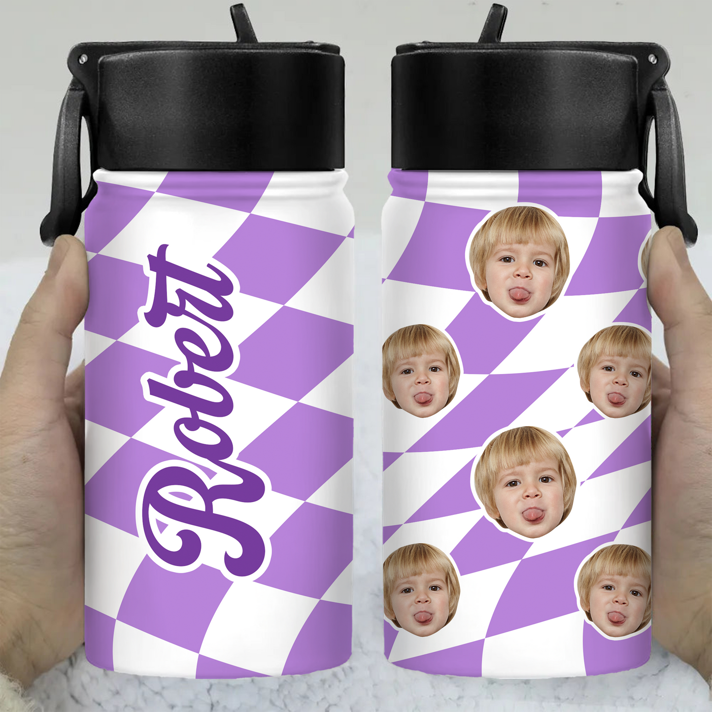 Personalized kids water bottle with straw, featuring a name and drawing, perfect for back to school.