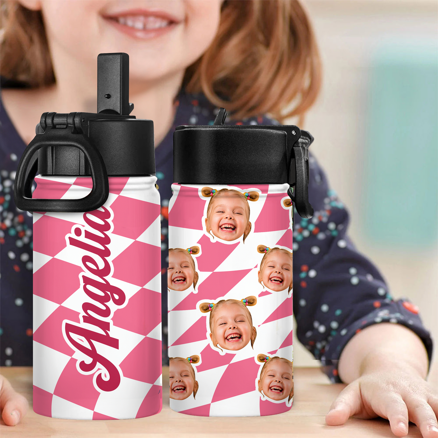 Personalized kids water bottle with straw, featuring a name and drawing, perfect for back to school.